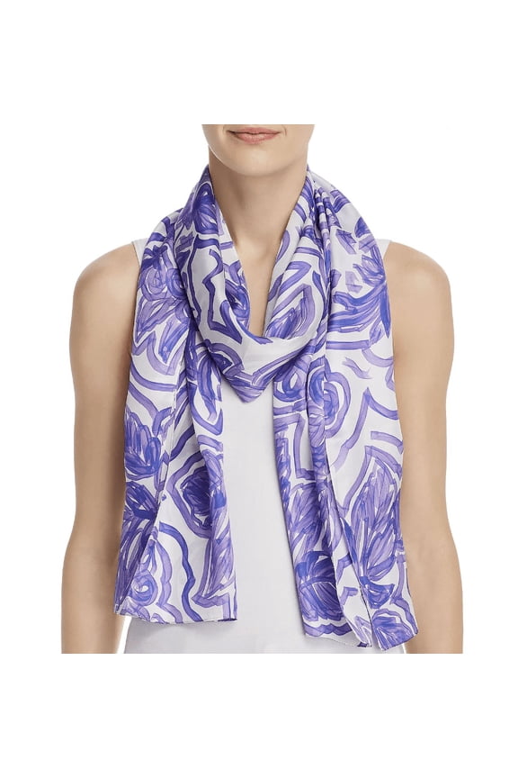 Sketched Flower-Print Silk Oblong Scarf Cobalt Blue/White
