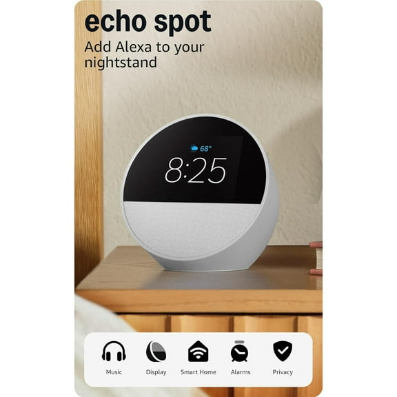 Echo Spot (newest model), Great for nightstands, offices and kitchens, Smart alarm clock with Alexa, Glacier White