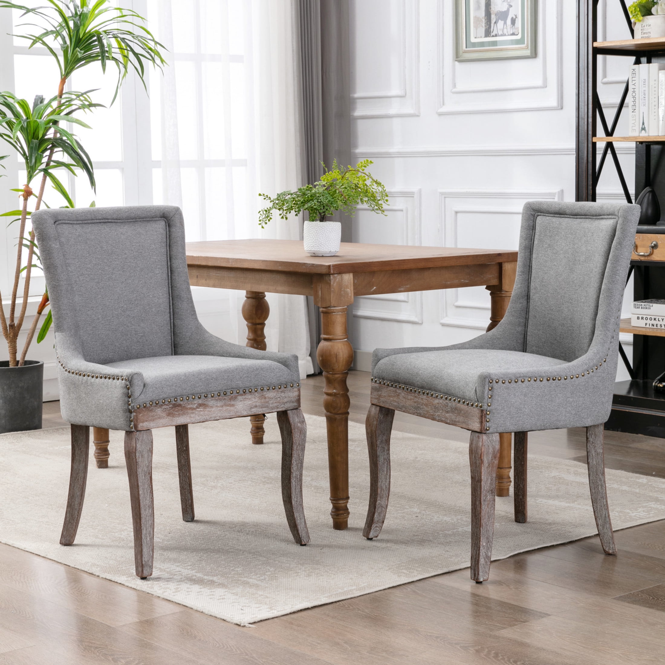 Echo Upholstered Dining Chairs with Nailhead Trim, Solid Wood Legs, Gray, Set of 2