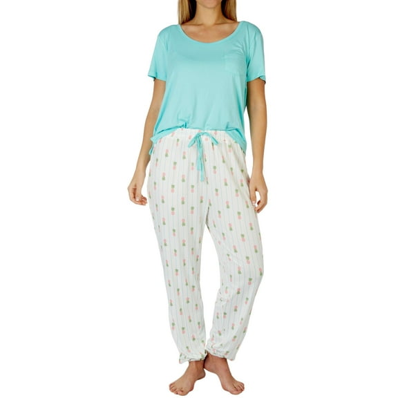 Echo Womens 2-Pc. Solid Short Sleeve Top & Pajama Pant Set Large Pool blue/white multi
