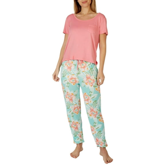 Echo Womens 2-Pc. Solid Short Sleeve Top & Pajama Pant Set Small Pink/blue multi