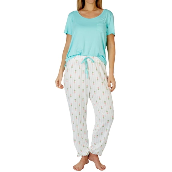 Echo Womens 2-Pc. Solid Short Sleeve Top & Pajama Pant Set Small Pool blue/white multi