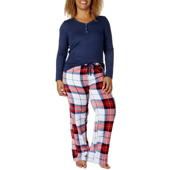 Echo Womens 2pc Long Sleeve Top & Plaid Pajama Pant Set Large Navy
