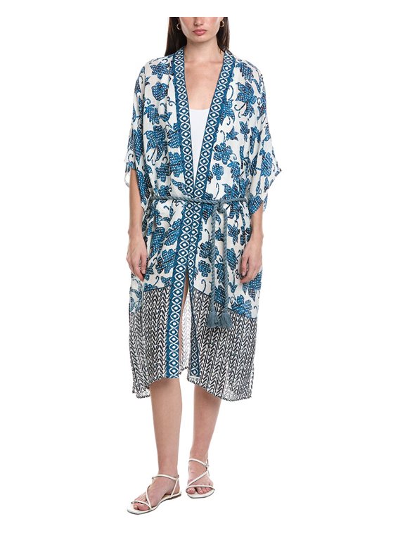womens Batik Linen-Blend Longline Duster, os, White