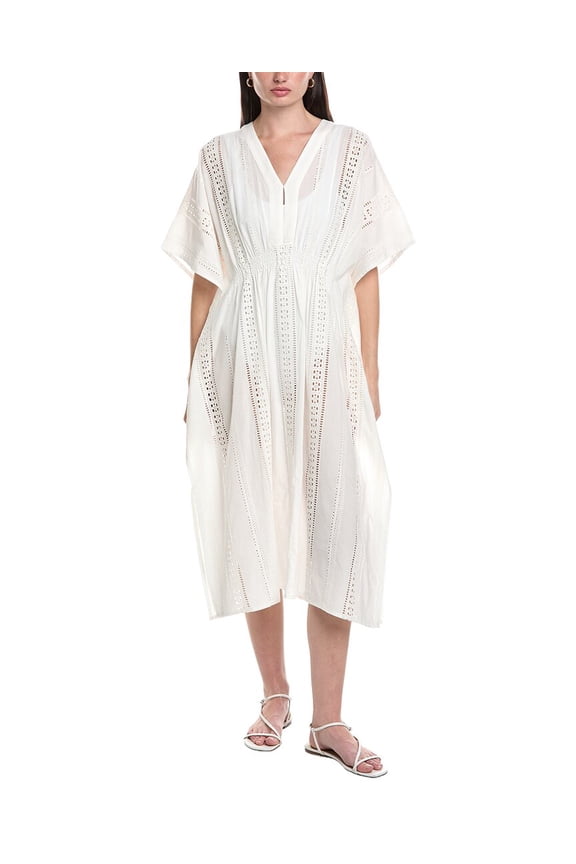 womens  Eyelet Maxi Caftan, M/L, White