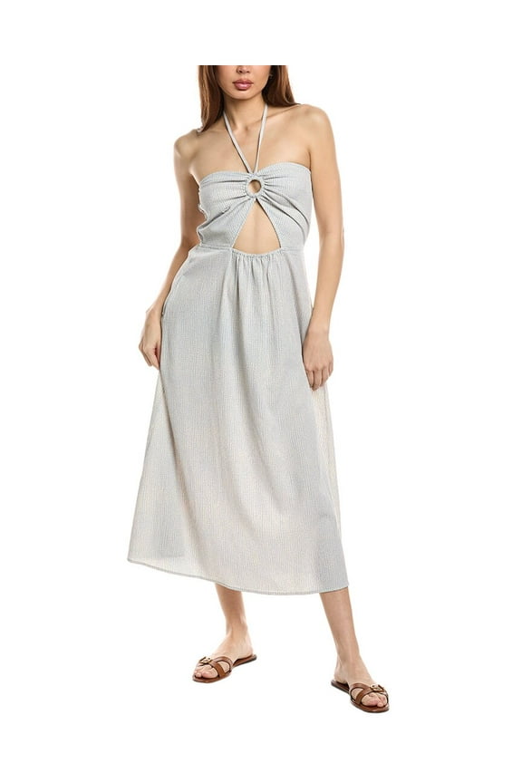 womens Seersucker Midi Dress, l, Blue