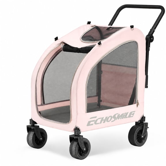 EchoSmile Pink Folding Pet Stroller with All-Terrain Wheels