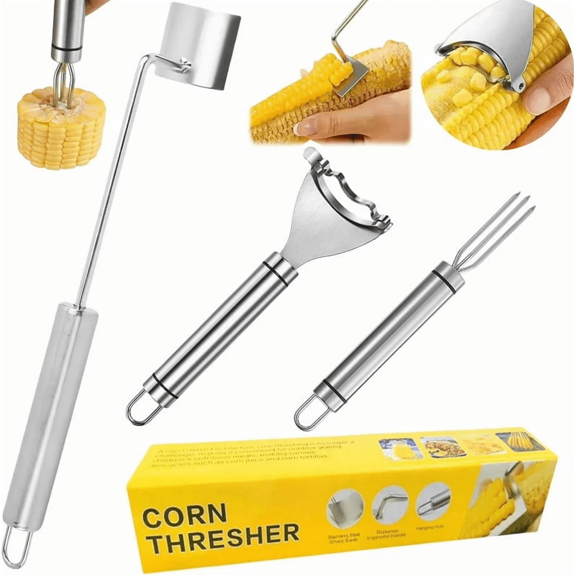 QOPR Corn Peeler for Corn on the Cob, Stainless Steel Corn Stripper Tool Kitchen Gadgets Set (3 Pcs)