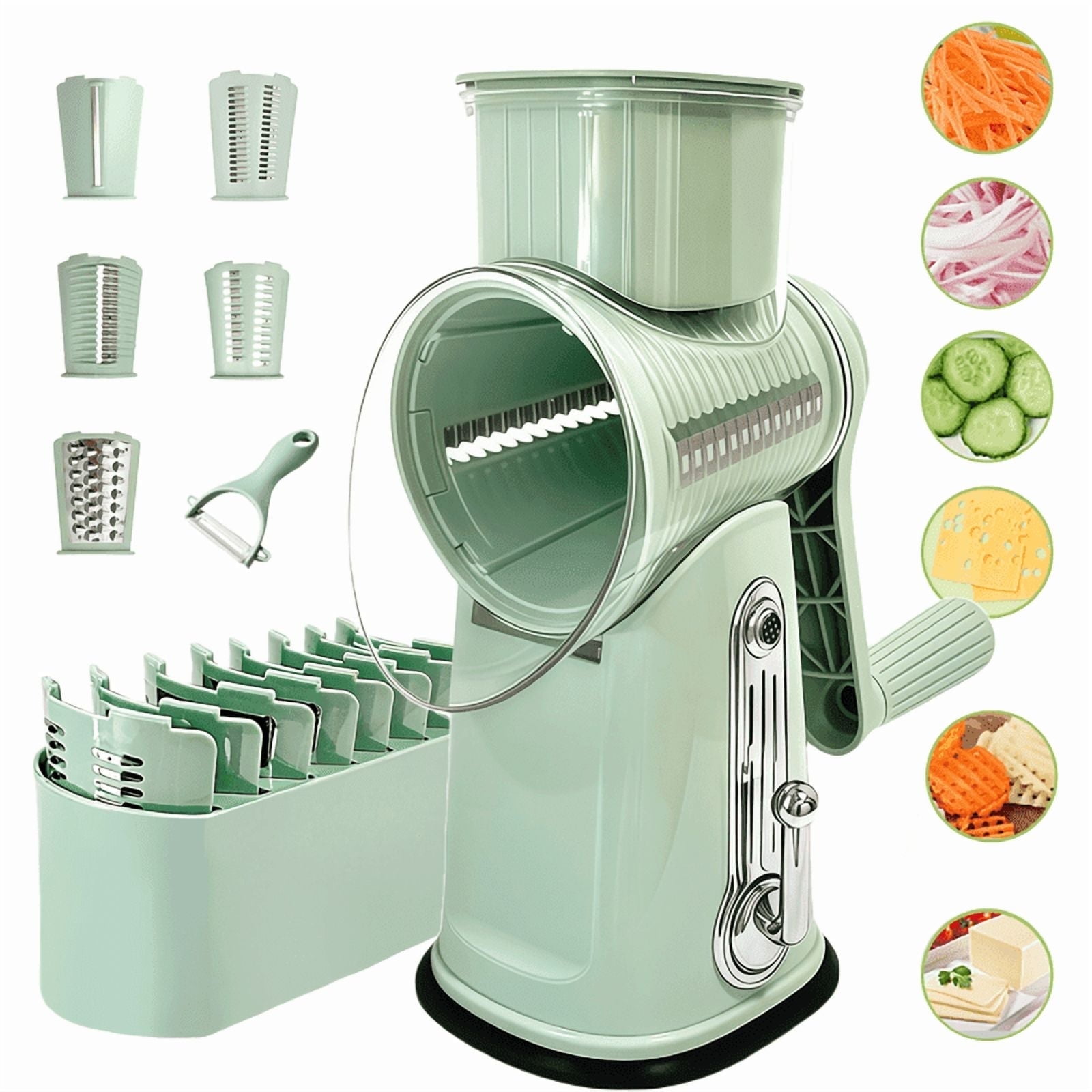 QOPR Roarrave 5 in 1 Food Chopper, Roarrave Grater with Handle, Rotary Cheese Grater Vegetable Slicer with 5 Blades, Manual Shredder for Kitchen, Easy Clean Cutter with Storage Box (Green)