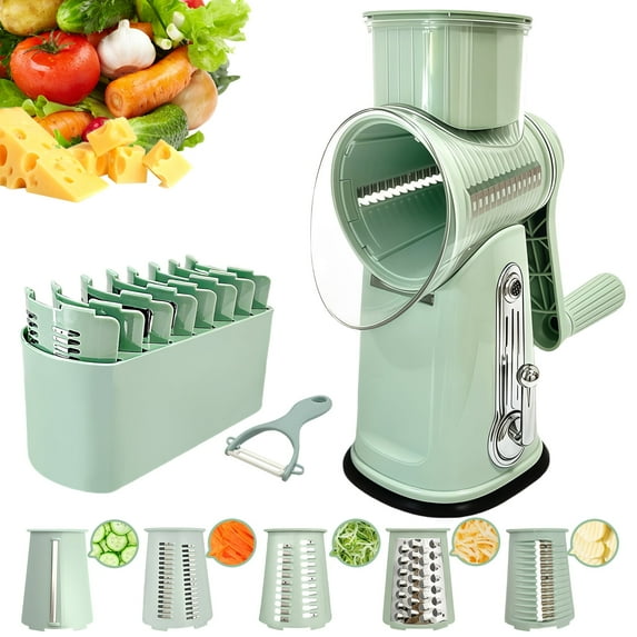 QOPR Rotary Cheese Grater, Kitchen Grater Vegetable Slicer ,Mandoline Slicer & Veg Shredder with 5 Interchangeable Blades,Green