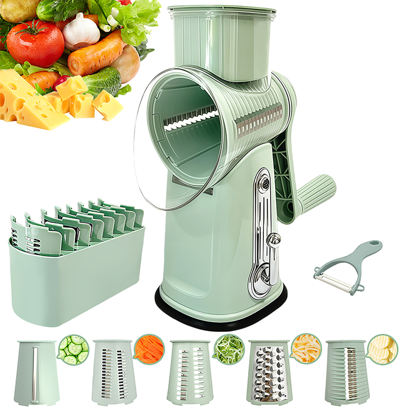 EchoVenrek Rotary Cheese Grater Hand Crank-Vegetable Chopper,Cheese Slicer with 5 Well-designed Blades & Strong Suction Base,Round Mandoline Slicer & Food Chopper for Kitchen Utensils,Green