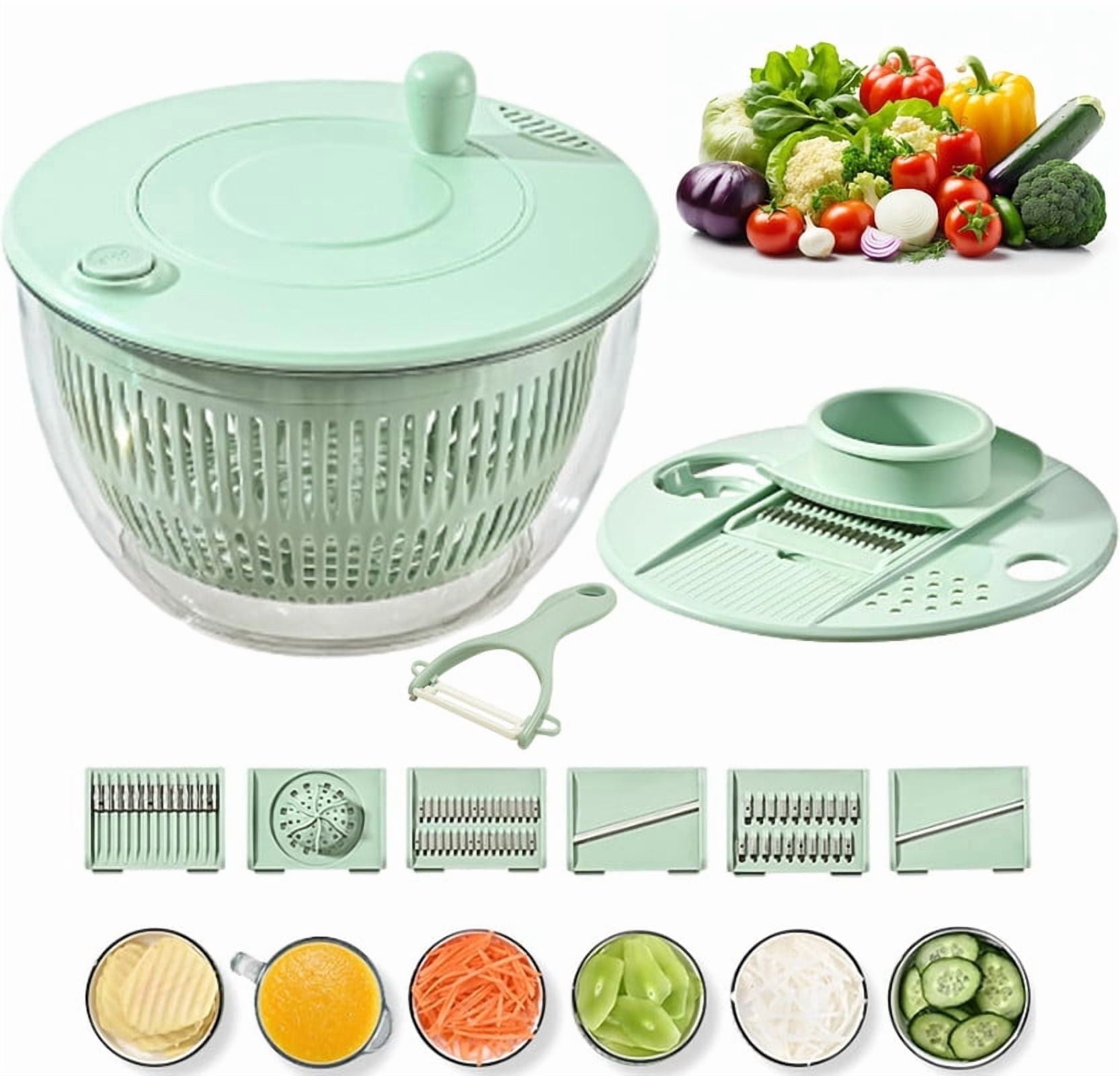 QOPR Salad Spinner Large, Vegetables Wash Bowl, Fruits & Herb Lettuce Spinner with 5 Blade Slicer Egg Yolk Strainer Shredder, Fruit Washing Bowl with Strainer, 4.25Qt,Green