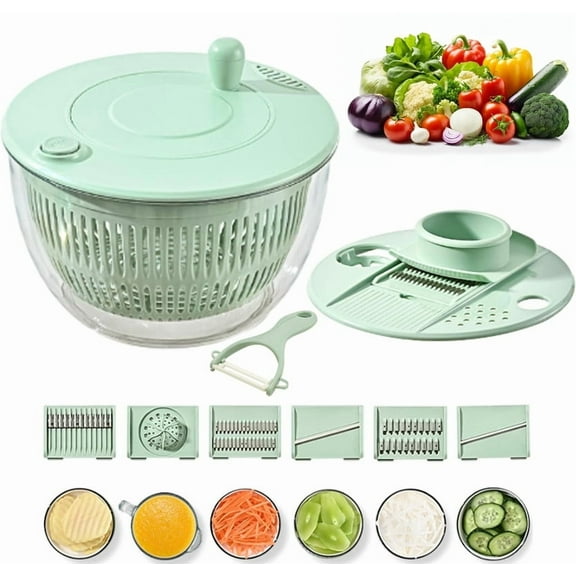 QOPR Salad Spinner Large, Vegetables Wash Bowl, Fruits & Herb Lettuce Spinner with 5 Blade Slicer Egg Yolk Strainer Shredder, Fruit Washing Bowl with Strainer, 4.25Qt,Green