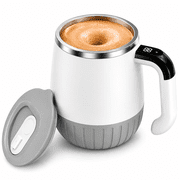 QOPR Self Stirring Coffee Mug with Handle, Automatic Electric Mixing Cup with Lid, Stainless Steel Battery Powered, White & Grey