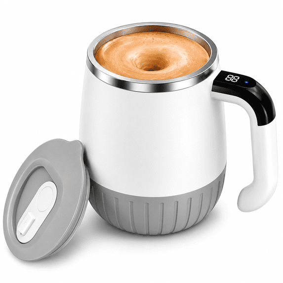 QOPR Self Stirring Coffee Mug with Handle, Automatic Electric Mixing Cup with Lid, Stainless Steel Battery Powered, White & Grey