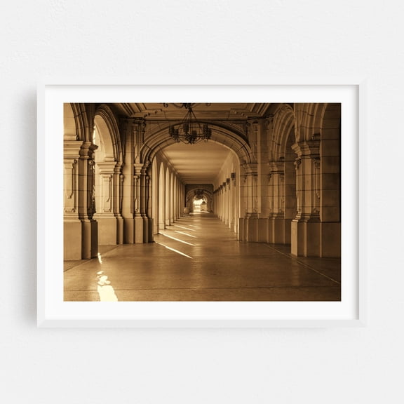 Echoes of Time - Sepia Tone - San Diego California Photography Architecture Vintage City Art Deco Gothic Scenic White Framed Wall Art Print 12 x 18 inches