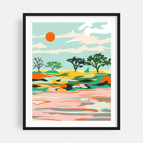 Echoes of the Sahara - India Illustration Abstract Landscape Desert Minimalist Nature Scenic Modern Art Black Framed Wall Art Print 11 x 14 inches