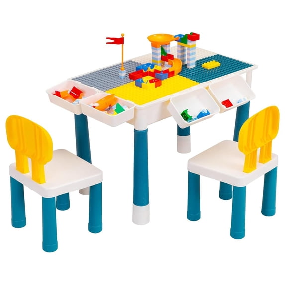 Echoworld 7-in-1 Kid Activity Table Set w/2 Chairs & 100Pcs Large Size Blocks, Compatible with Classic Blocks, Water/Sand Table, Building Block Table for Toddler (Macaron)