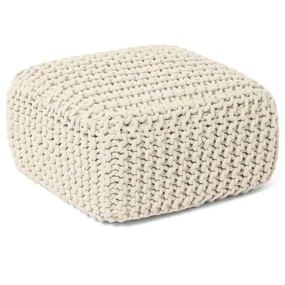 Echoworld Cube Low Pouf Foot Stool Ottoman - Hand Knitted Poof - Cord Boho Pouffe - Home Décor - Stuffed Footrest for Living Room - Nursery - Bedroom - Covered Patio - Room (16" x 16" x 8") - Ivory