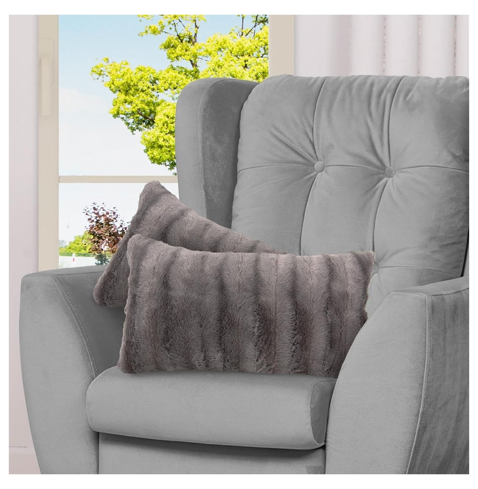 Cheer Collection Luxurious Faux Fur Throw Pillows Set of 2 - Gray (12" x 20")