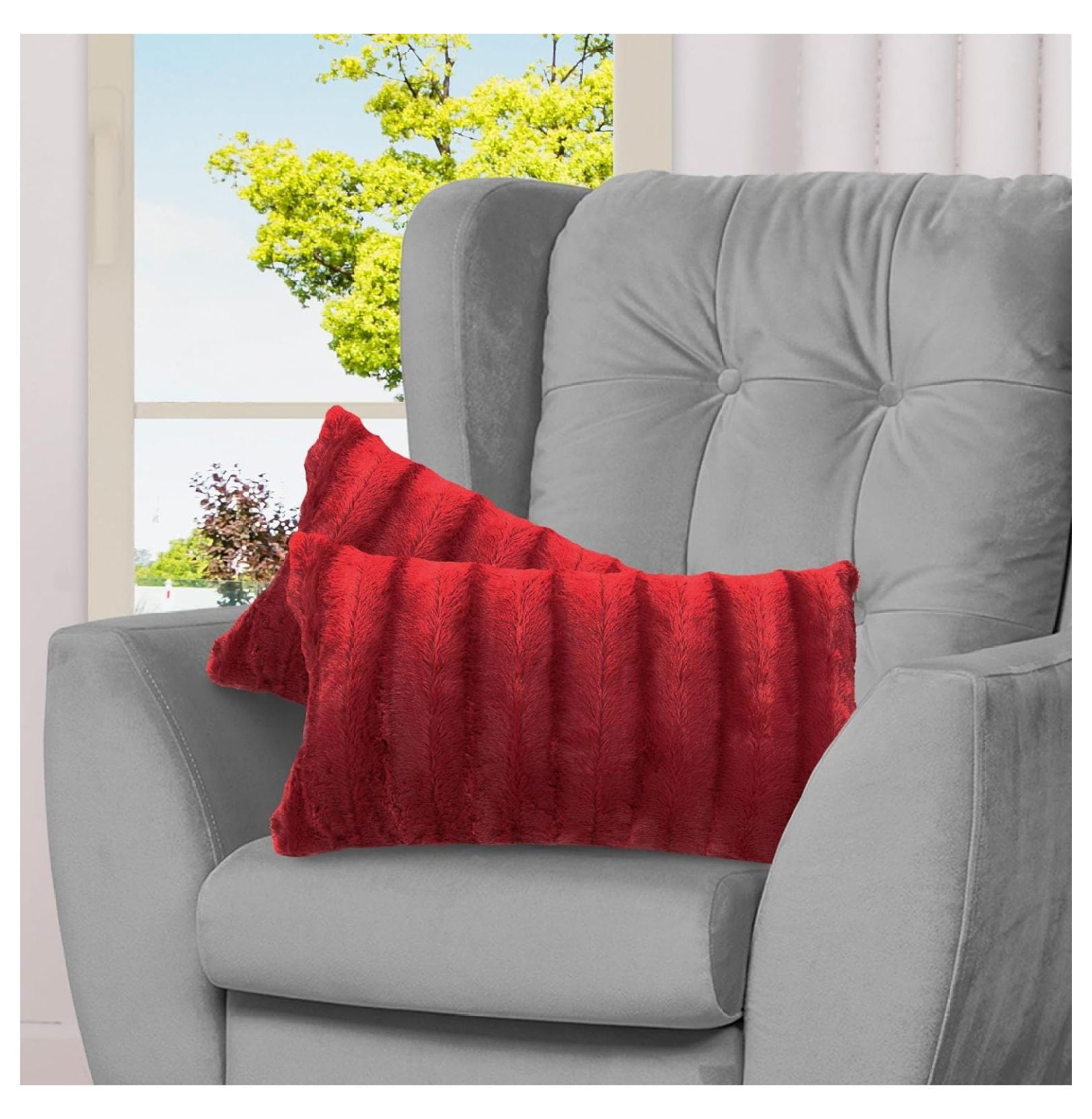Small Crimson Faux Fur Lumbar Pillow Set