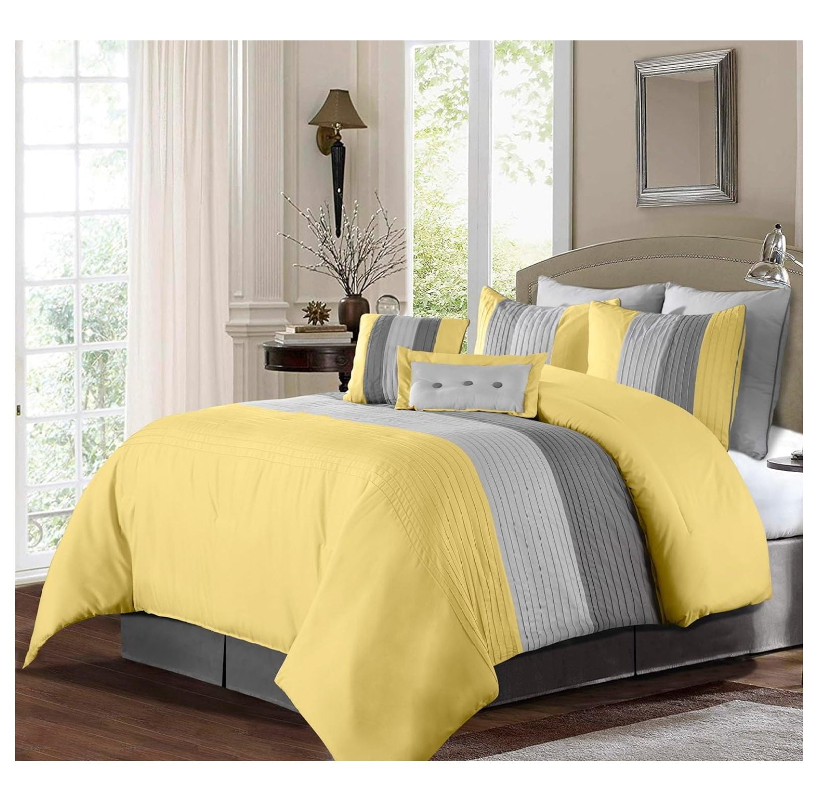 Echoworld Loft 8Piece King Comforter Set, Yellow/Paloma/Gray Luxury Striped Bedding for All