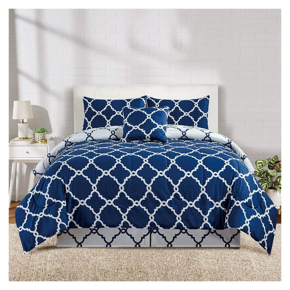 Echoworld Queen Comforter Set Quatrefoil Navy- Experience Comfort with Queen Comforter |All Season 5 Piece Comforter Set | Lightweight Comforter