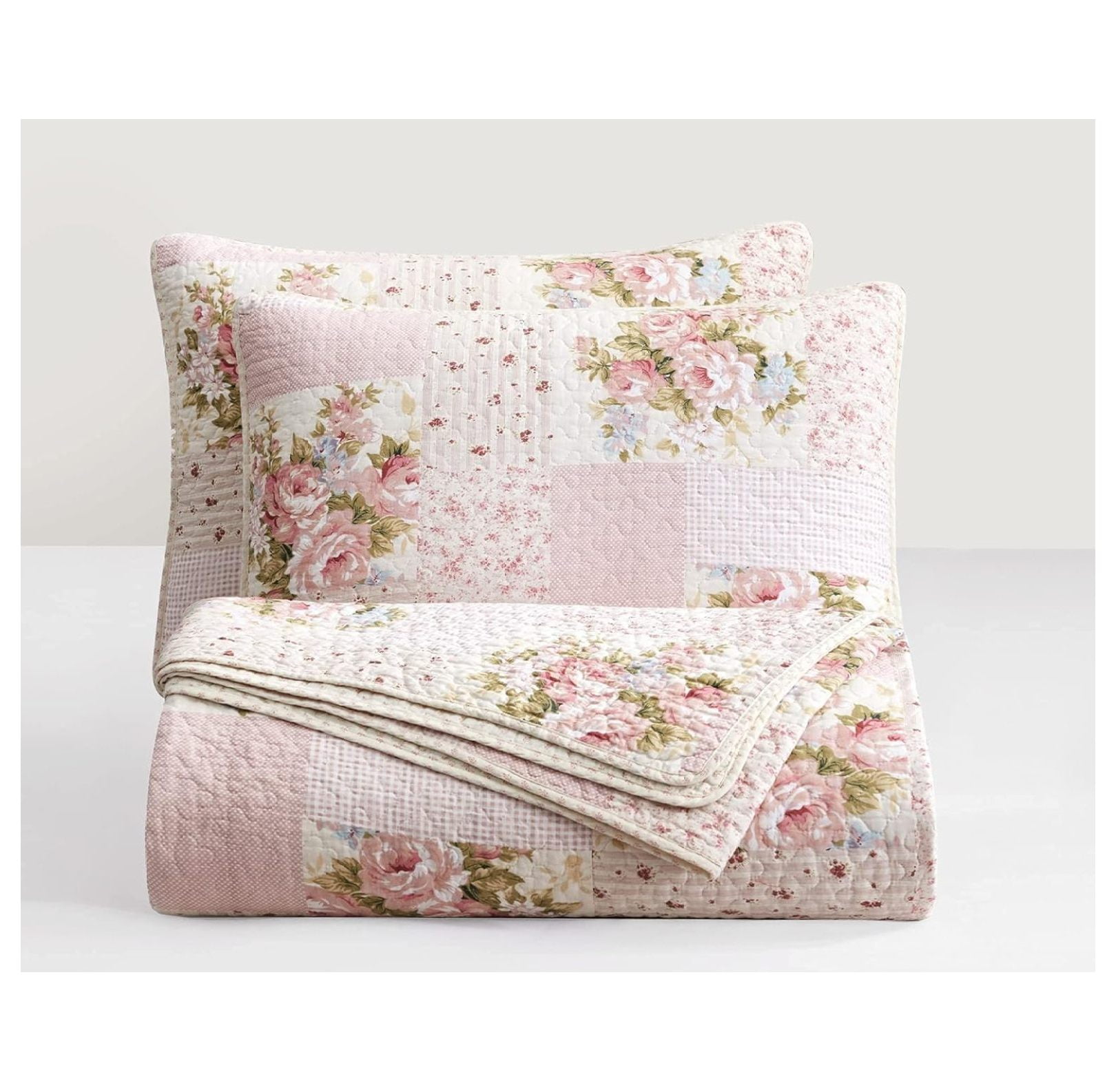King Pink Cotton Reversible Floral Quilt Set