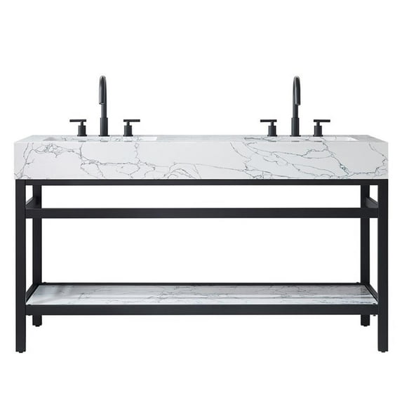 Ecija 60M" Double Matte Black Metal Bath Vanity with Pandora White Composite Top