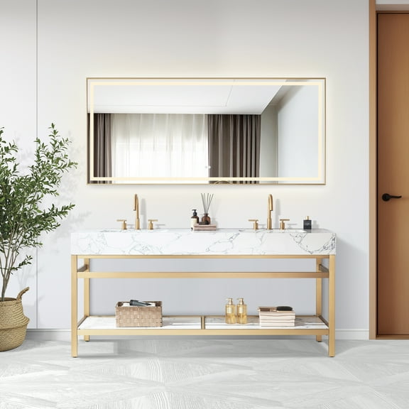 Ecija 72" Double Brushed Gold Metal Bath Vanity with Pandora White Composite Top