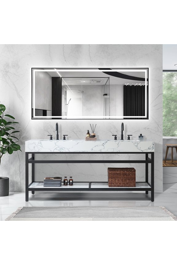 Ecija 72" Double Matte Black Metal Bath Vanity with Pandora White Composite Top
