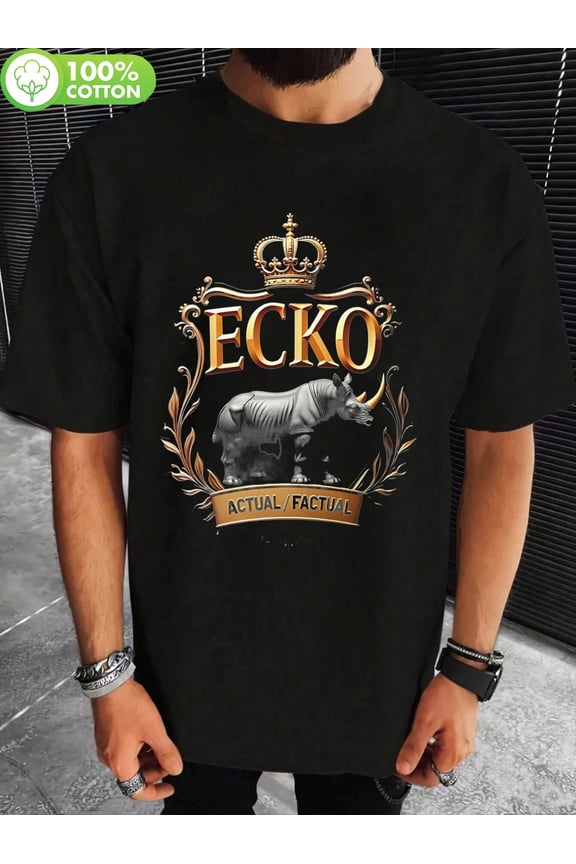 Ecko Rhino Crown Logo 29ABX Men's Graphic T-Shirt - Black Casual Loose Fit Short Sleeve, 100% Cotton 180gsm, Bold Rhino Crown & "Actual Factual" Print, All-Season Comfort, Machine Washable