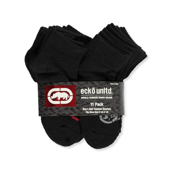 Ecko Unltd. Boy's Half Cushion Quarter Socks 11-Pack Shoe Size 9-11 Ages 7-14 years (Black)