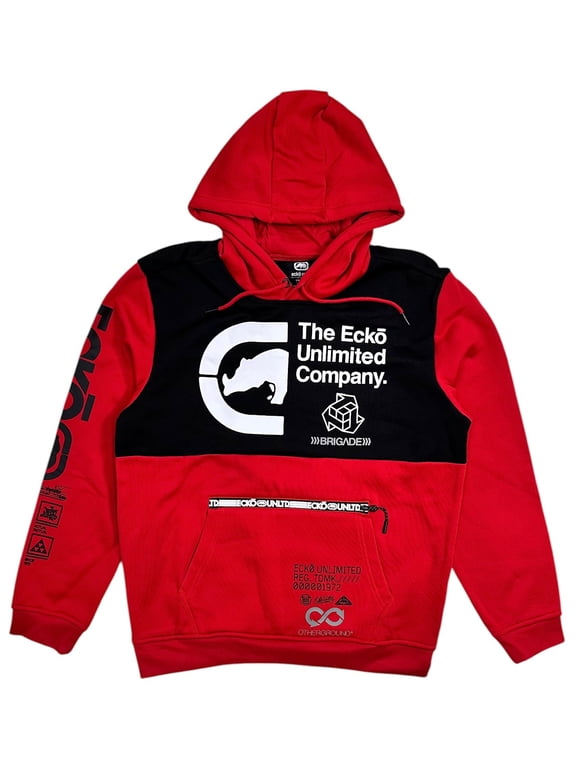 Ecko Unltd Men's Colorblock Zip Kangaroo Pocket Pullover Fleece Hoodie (X-Large, Red/Black)