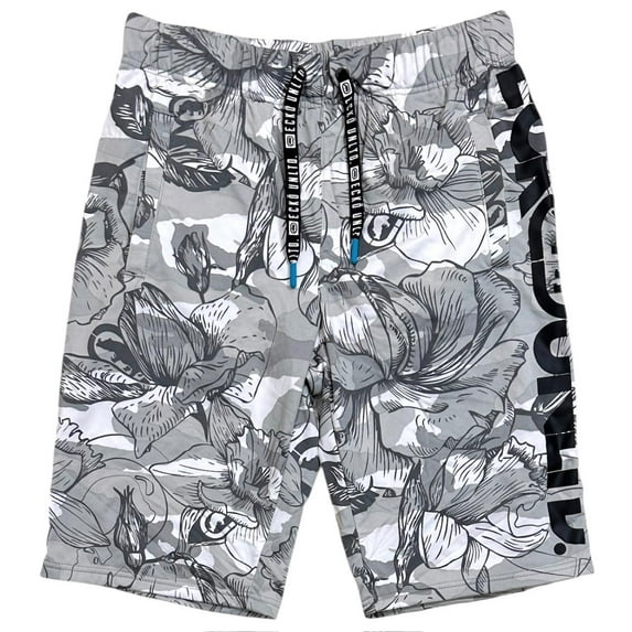Ecko Unltd Men's Hawaiian Floral Camo Activewear Sweat Shorts (Small, White/Grey Camo)