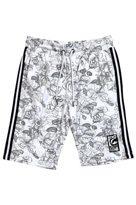 Ecko Unltd Men's Hawaiian Floral Side Striped Activewear Sweat Short (Large, White)