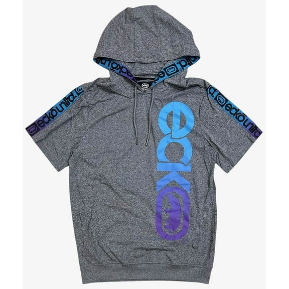 Ecko Unltd Men's Hoodie T-Shirt Logo Tape Ribbon Short Sleeve Tee (Large, Grey)