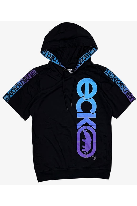Ecko Unltd Men's Hoodie T-Shirt Logo Tape Ribbon Short Sleeve Tee (Small, Black)
