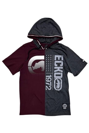 Ecko Unltd Men's Hoodie T-Shirt Panel Stitched Colorblock Short Sleeve Tee (Large, Burgundy/Charcoal Heather)
