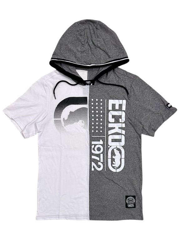 Ecko Unltd Men's Hoodie T-Shirt Panel Stitched Colorblock Short Sleeve Tee (Small, White/Grey Marled)