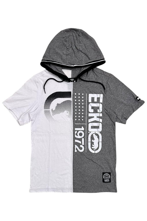 Ecko Unltd Men's Hoodie T-Shirt Panel Stitched Colorblock Short Sleeve Tee (Small, White/Grey Marled)