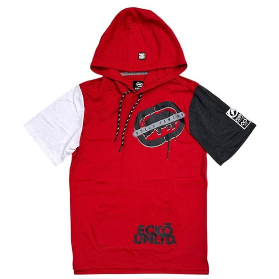 Ecko Unltd Men's Hoodie T-Shirt Panel Stitched Logo Print Short Sleeve Tee (Medium, Red)