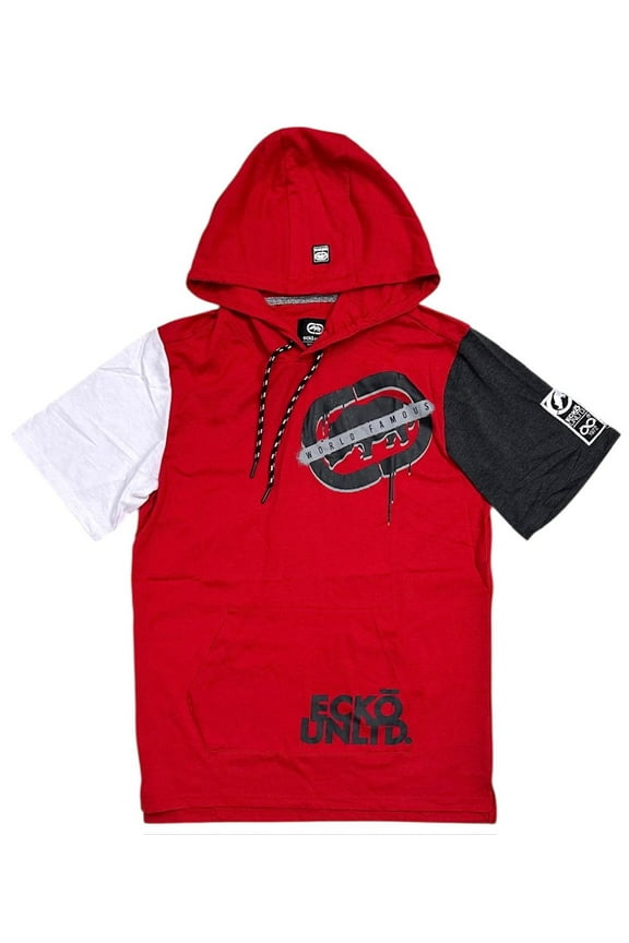 Ecko Unltd Men's Hoodie T-Shirt Panel Stitched Logo Print Short Sleeve Tee (Medium, Red)