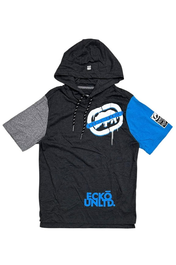 Ecko Unltd Men's Hoodie T-Shirt Panel Stitched Logo Print Short Sleeve Tee (Small, Charcoal Heather)