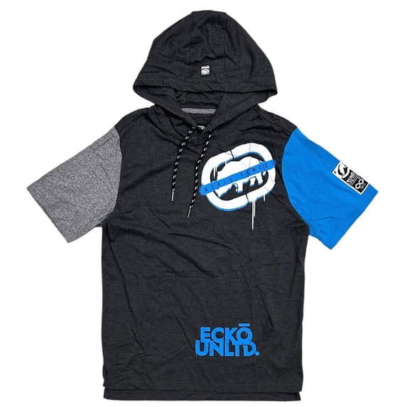 Ecko Unltd Men's Hoodie T-Shirt Panel Stitched Logo Print Short Sleeve Tee (X-Large, Charcoal Heather)