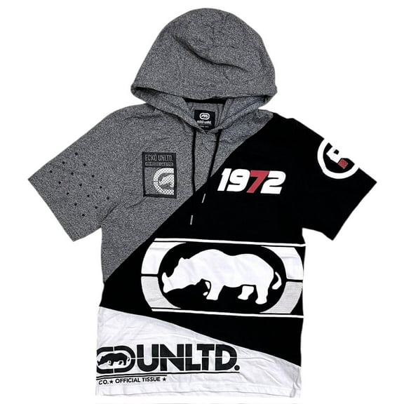 Ecko Unltd Men's Hoodie T-Shirt Slant Panel Stitch Short Sleeve Tee (Large, Grey Marled)