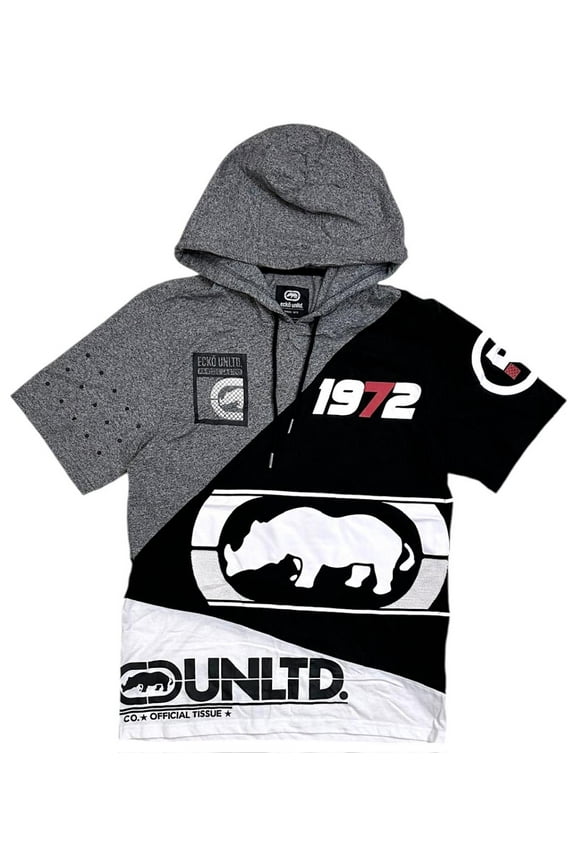 Ecko Unltd Men's Hoodie T-Shirt Slant Panel Stitch Short Sleeve Tee (Large, Grey Marled)