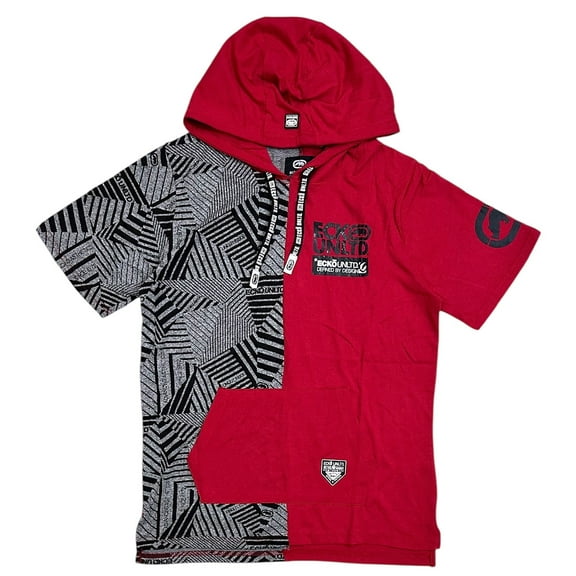 Ecko Unltd Men's Hoodie T-Shirt Split Colorblock Short Sleeve Tee (Small, Red/Multi)