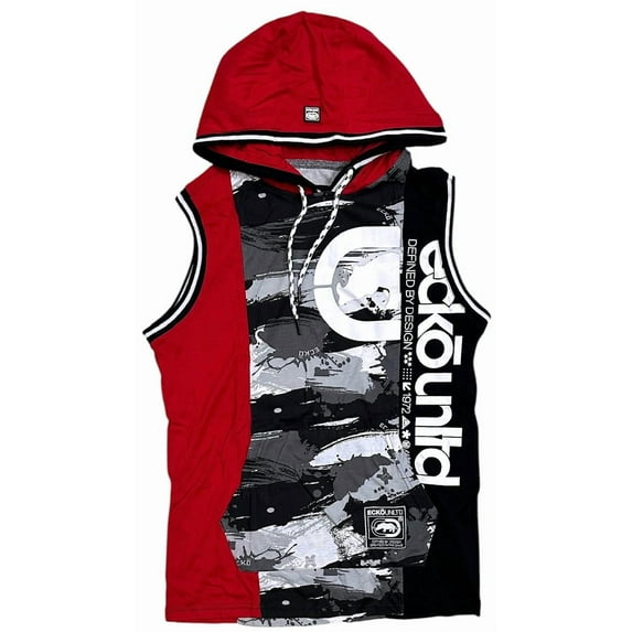 Ecko Unltd Men's Hoodie T-Shirt Stitch Panel Sleeveless Tee (Small, Red)