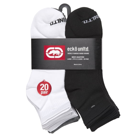 Ecko Unltd. Men's Quarter Athletic Socks 20-Pairs (Black White & Grey)